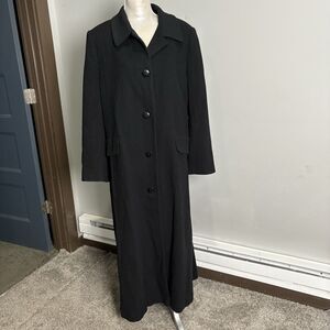 Talbots Womens Long Wool Blend Cashmere Coat Black Button Up Size 16 Full Length